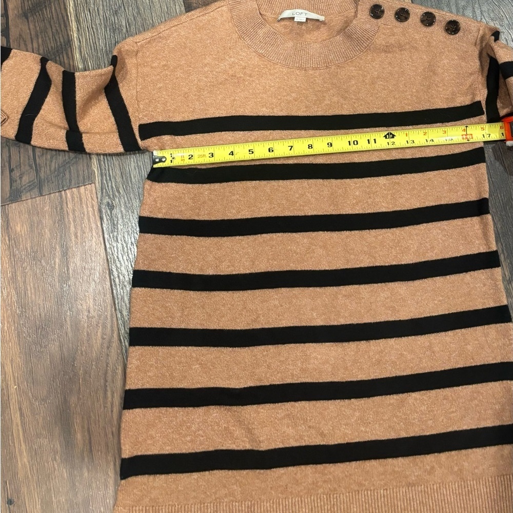 LOFT Camel/Tan and Black Striped Crew Neck Sweater with Button details XS - Picture 10 of 12